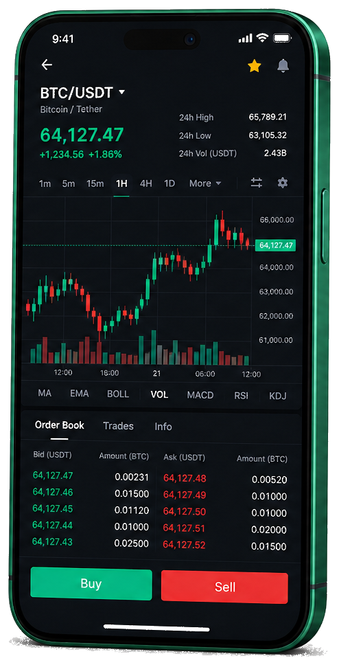 Piattaforma Bit Rendivio su dispositivo mobile — grafico live BTC/USDT, book ordini e pannello per comprare e vendere